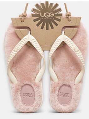 UGG Pink Plush Flip Flop Sandals with Ivory Straps